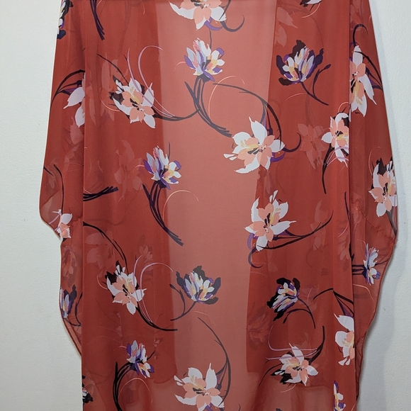 Emory Park Kimono Red + Purple + White Floral Sheer Open Front Women's One Size - Picture 4 of 4